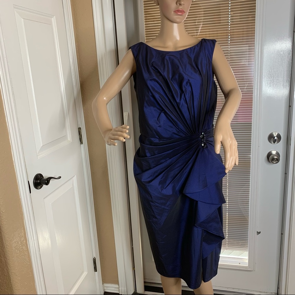 Tadashi Shoji Evening Cocktail Dress Blue Crystal Jeweled Ruched Size 10 - Picture 3 of 16